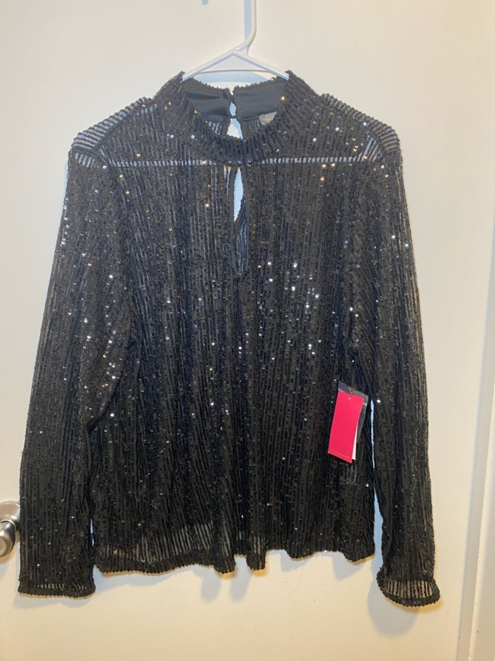Vince Camuto Black Sequin Mock-Neck Long Sleeve Top